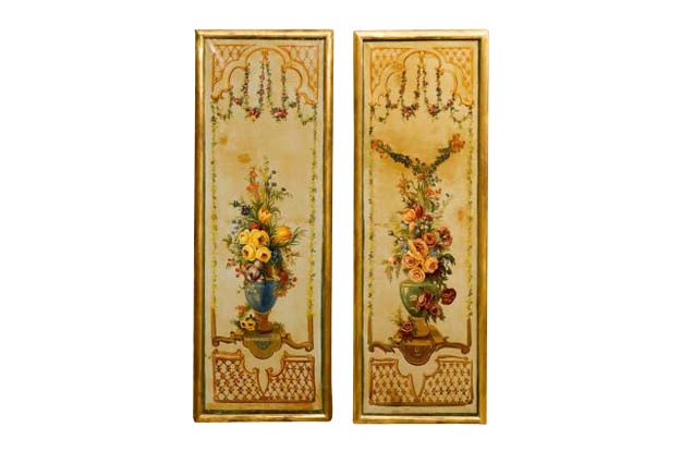 French Napoleon III Period Painted Decorative Panels with Bouquets, circa 1860