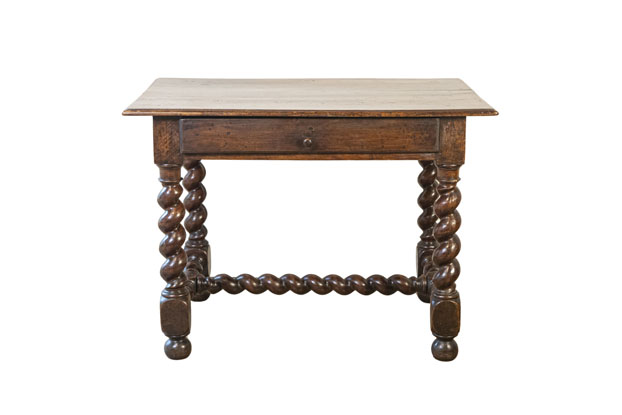 17th Century French Walnut Side Table with Single Drawer and Barley-Twist Base