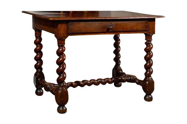 17th Century French Walnut Side Table with Single Drawer and Barley-Twist Base