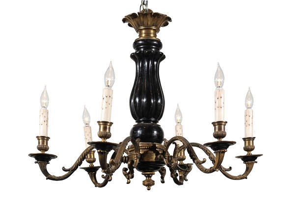 French Napoleon III Period 1860s Ebonized Wood and Bronze Six-Light Chandelier