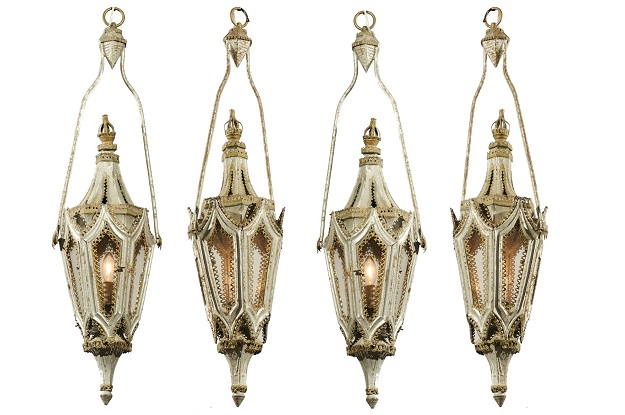 ON HOLD:  English 19th Century Painted Iron Gothic Revival Period Lanterns, Sold Per Pair