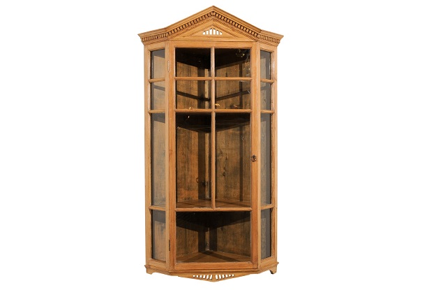English 1875s Pine Hanging Corner Cabinet with Pointed Pediment and Glass Doors