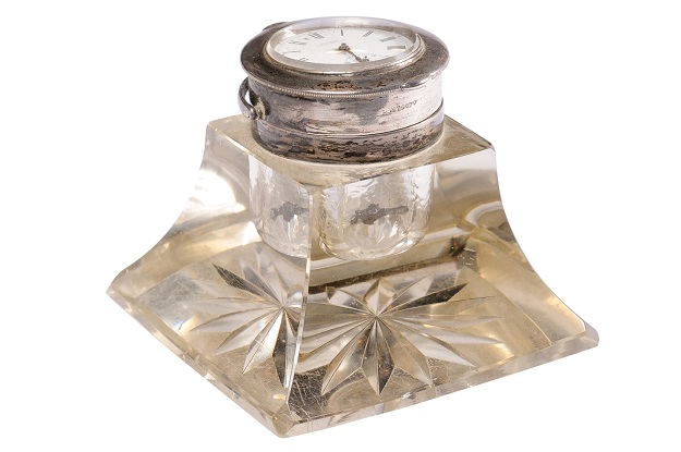 SOLD - Rock Crystal Inkwell with Silver Plated American Waltham Watch Company Clock