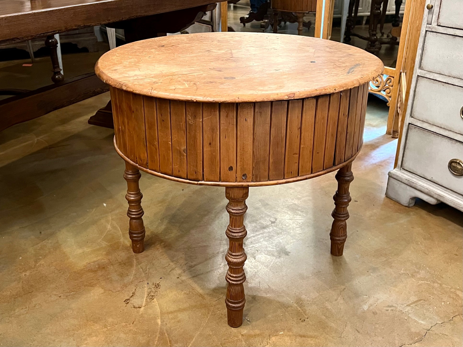 19th Century English Pine and Faux Bamboo Drum Table with Inner Metal Basin