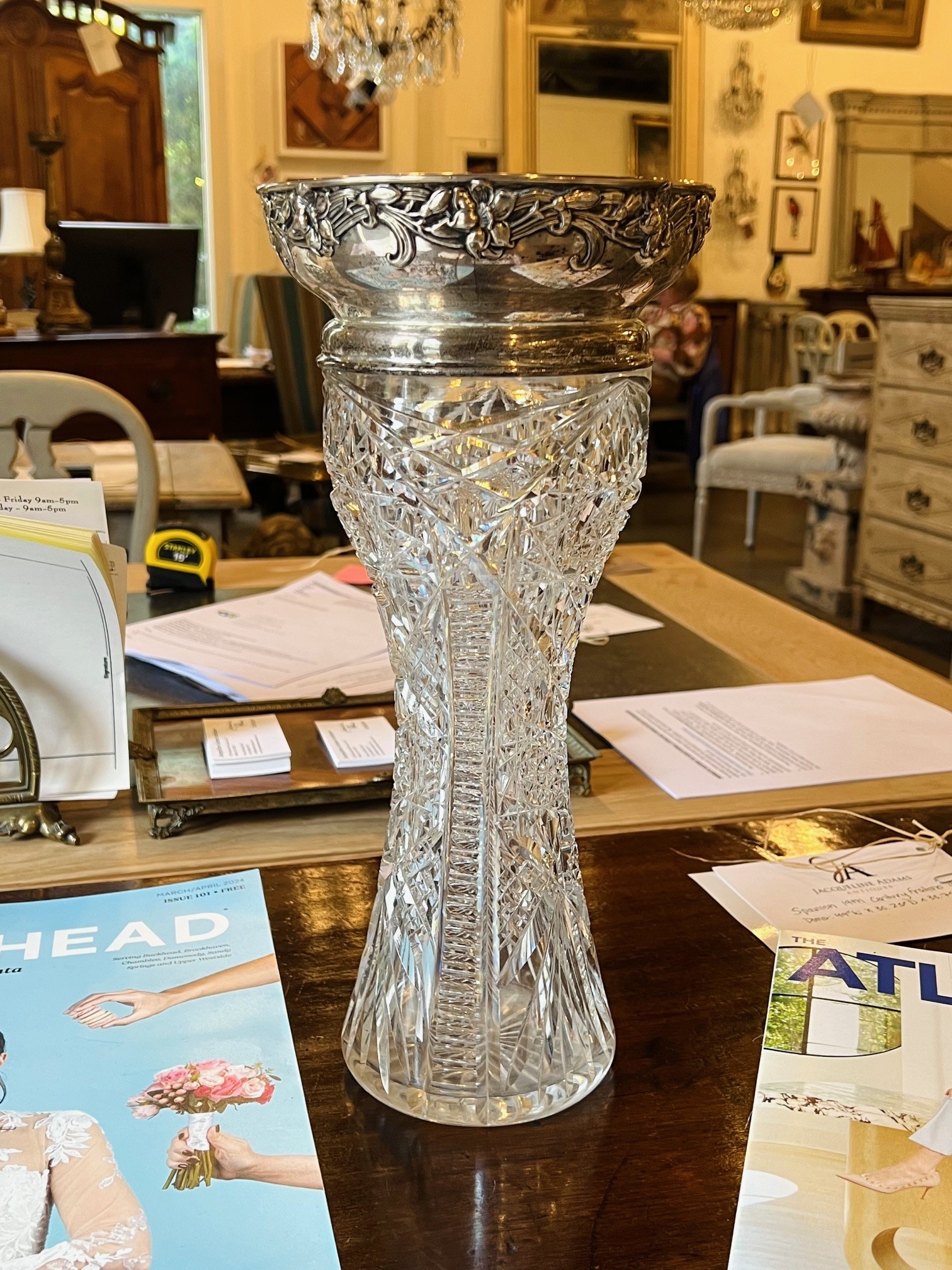 English Cut Glass Vase With Plated Silver Detailed Top