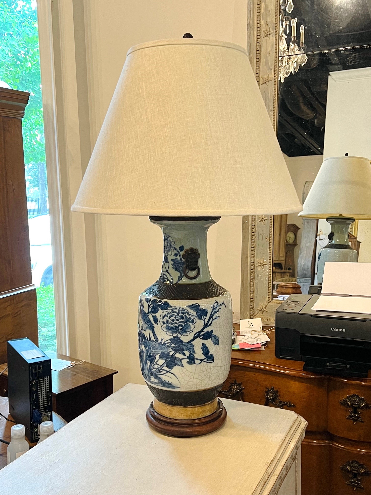 English Porcelain Blue & White Lamp With Shade
