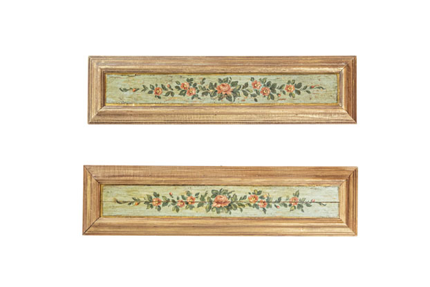 Pair of Decorative 19th Century Floral Painted Panels With New Distressed Frames