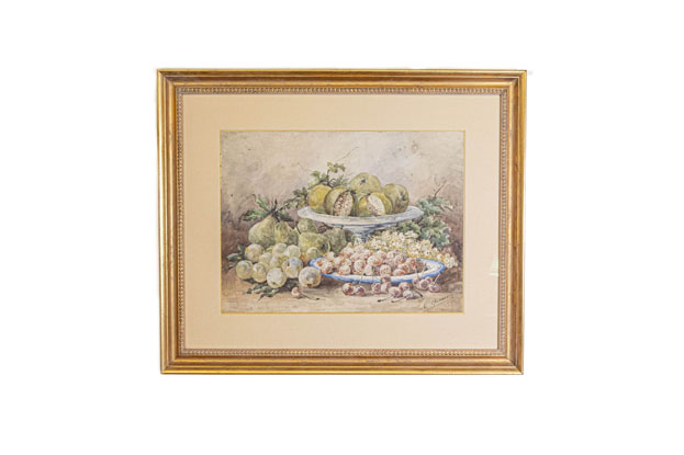 French Framed 19th Century Watercolor Depicting Fruits, Signed E Calmant