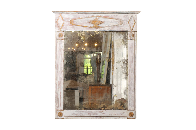 French Period Directoire Trumeau Mirror with Distressed Paint, Late 18th Century