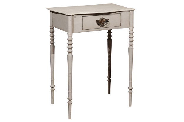 Swedish Painted Side Table with Single Drawer, Turned Legs and Serpentine Front