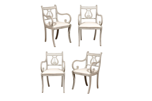 (One Pair Available) - Two Swedish 1900s Lyre Back Painted Armchairs with Scrolled Arms and Saber Legs