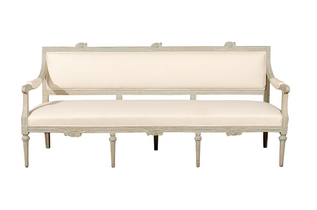  Neoclassical Revival Swedish Painted and Carved Upholstered Bench, circa 1890