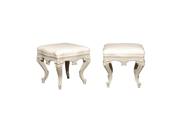 ON HOLD - Pair of Swedish Rococo Style Carved Painted Upholstered Stools, circa 1890
