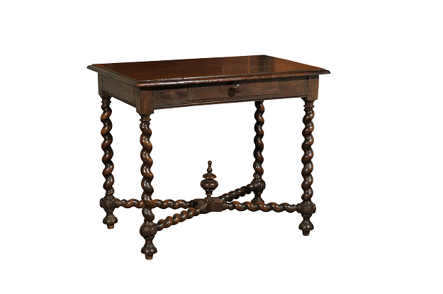 SOLD:  French 17th Century Louis XIII Period Walnut Side Table with Barley Twist Legs