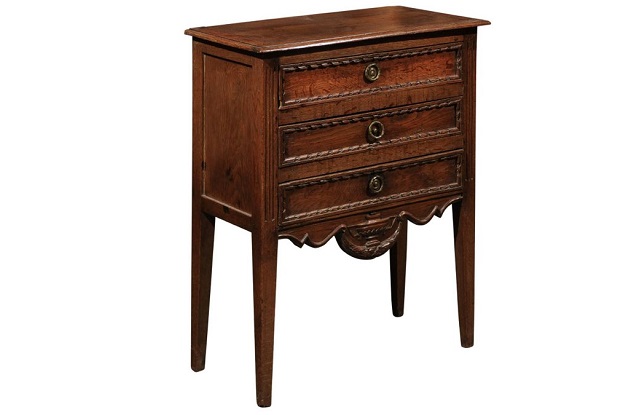 ON HOLD - Petite French Three-Drawer Oak Commode with Carved Skirt and Ribbons, circa 1850