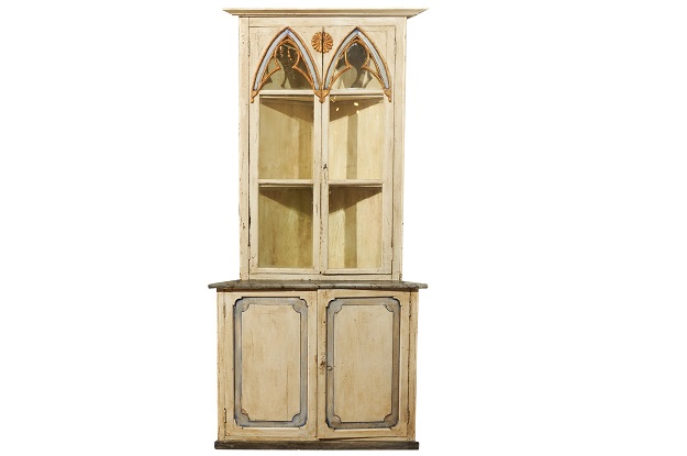 Swedish Gothic Revival Painted Wood Corner Cabinet with Glass Doors, circa 1830
