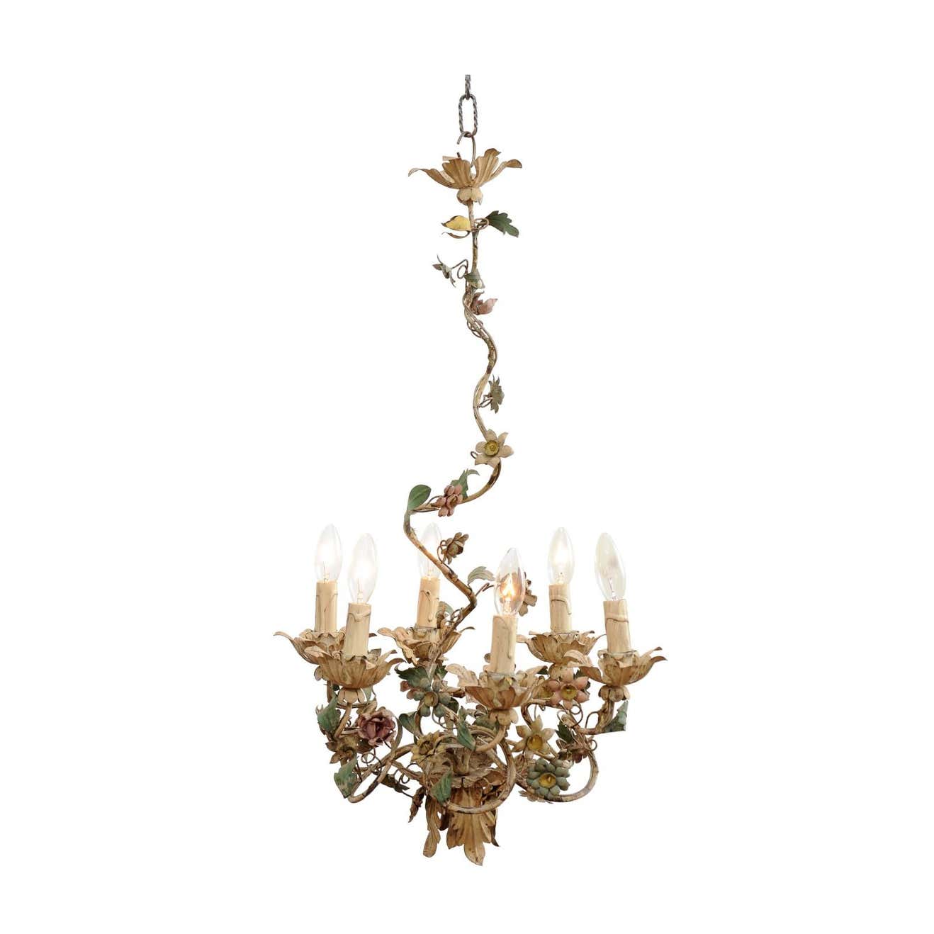 ON HOLD - French 1880s Belle Époque Painted Tôle Six-Light Chandelier with Petite Flowers