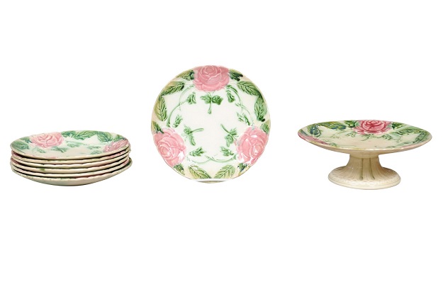French 19th Century Majolica Compote and Plates with Roses, Sold Individually