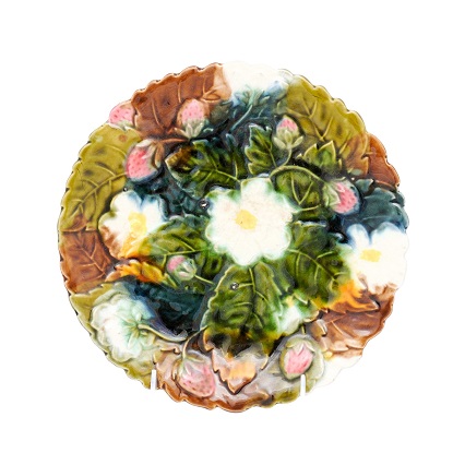 French Majolica 19th Century Strawberry Plates with Floral and Foliage Décor ONE AVAIL