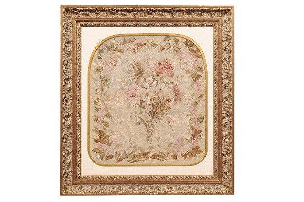 French 19th Century Gilt Framed Silk Aubusson Tapestry with Floral Decor