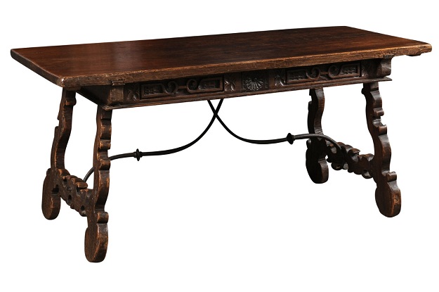 SOLD - Spanish Baroque 1750s Walnut Fratino Table with Drawers and Iron Stretchers