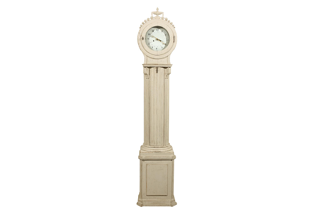 Swedish 1850s Tall Case Column Clock with Original Paint and Carved Crest