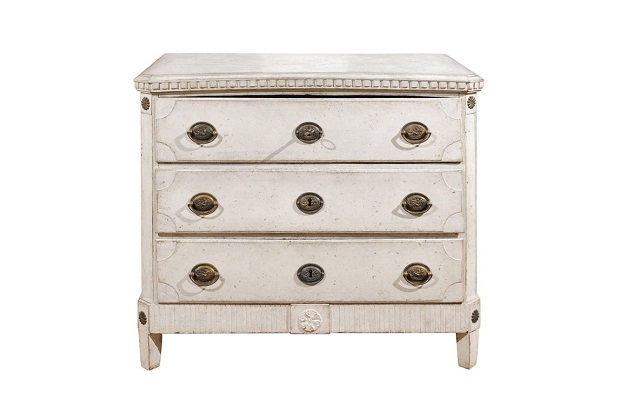 ON HOLD - 1810s Swedish Gustavian Period Painted Commode with Dentil Molding and Rosettes