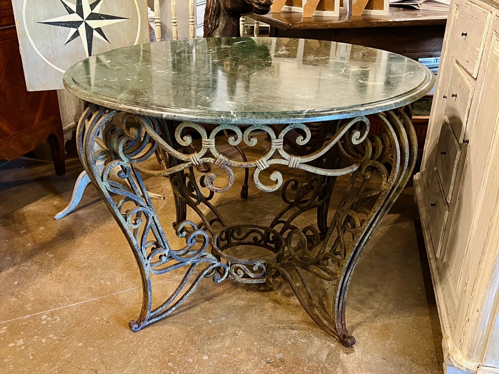 French Iron Round Center Table With Verde Green Marble