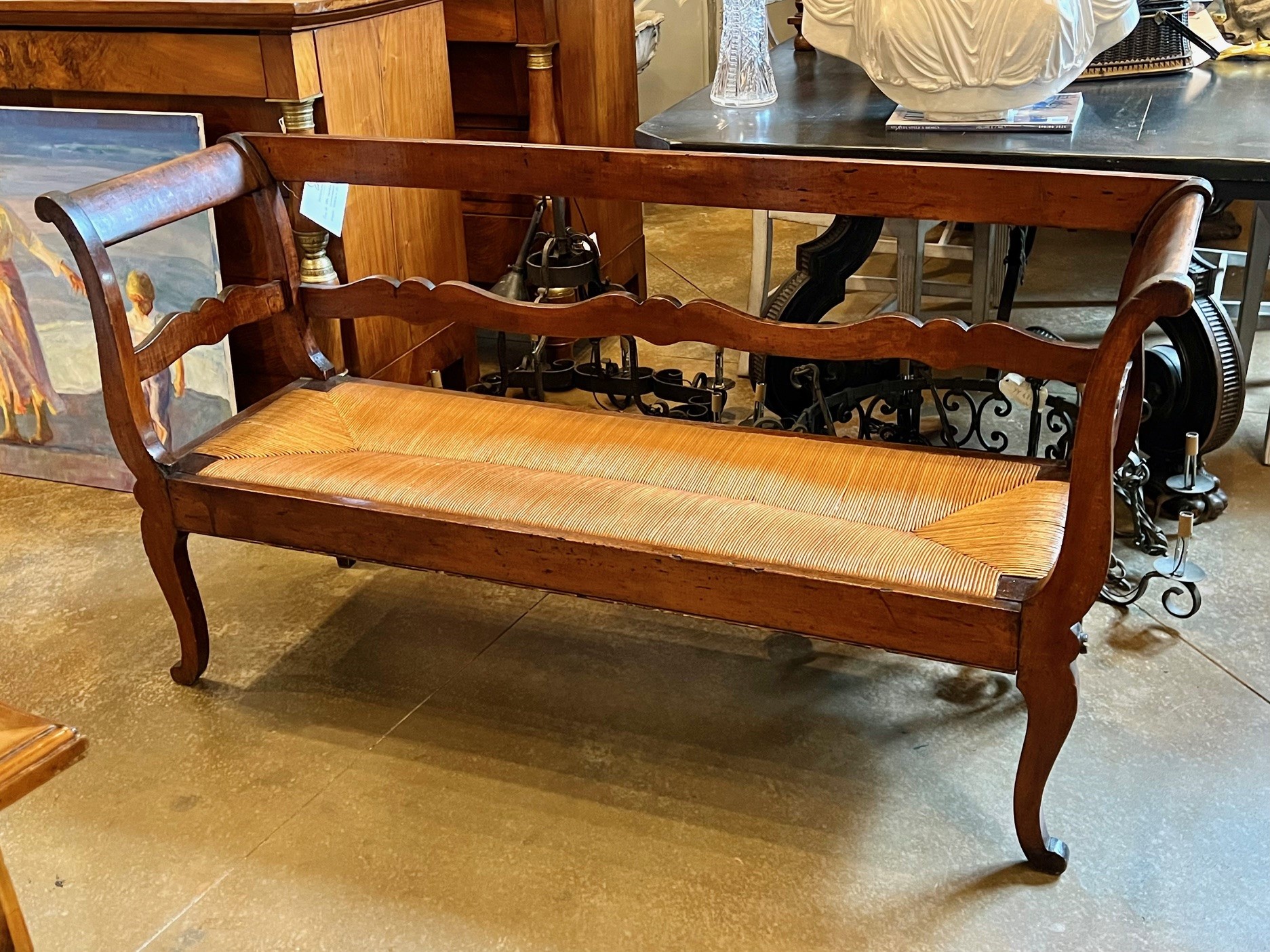 19th Century French Provencal Walnut Sofa Bench With Rush Seat