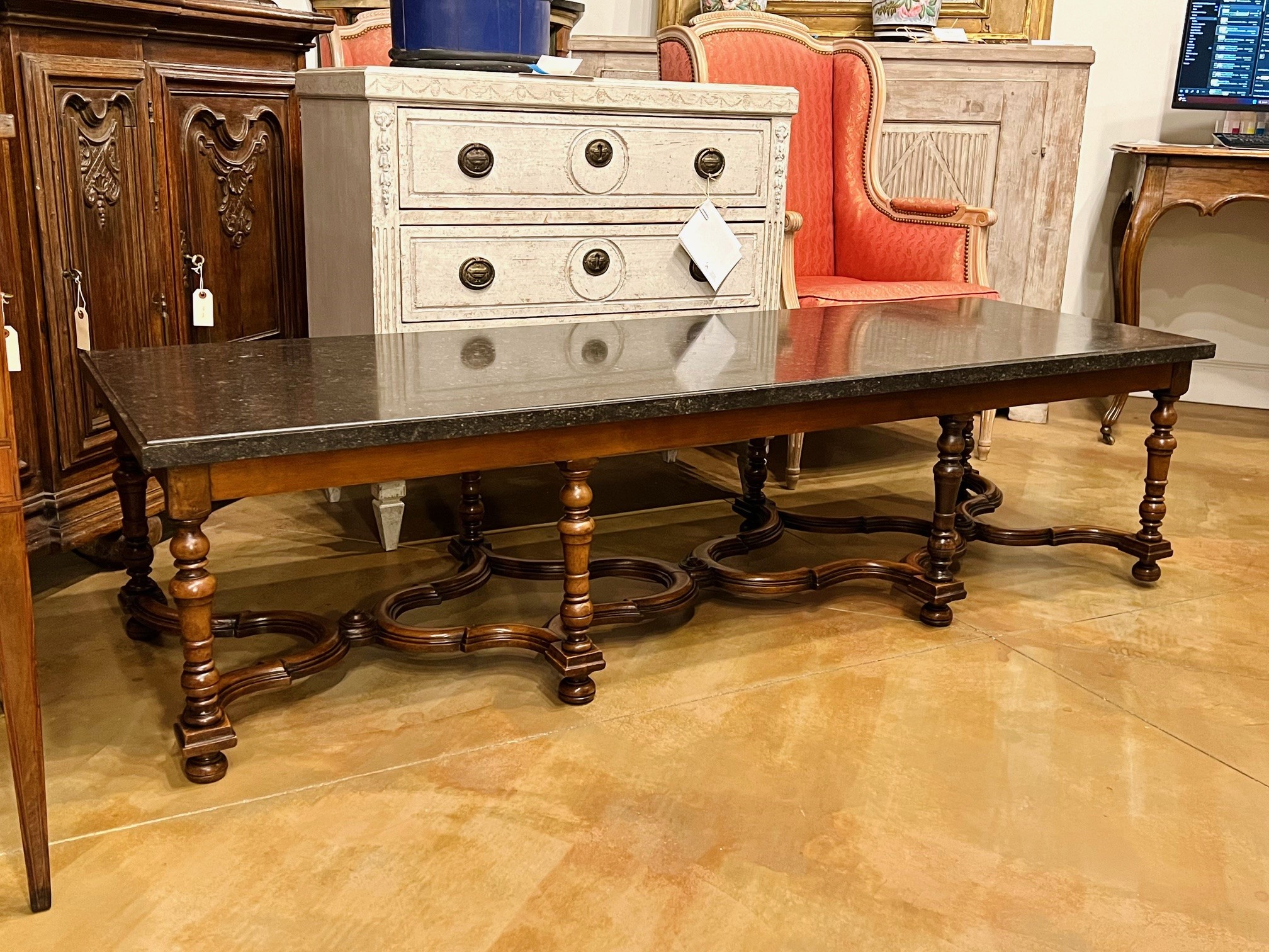 French Walnut Coffee Table Marble Top - Extended Length With Elegant Stretcher 