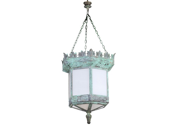 ON HOLD:  French 1910s Art Deco Hexagonal Lantern with Milk Glass and Verdigris Patina