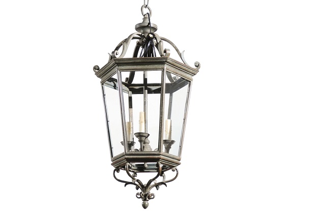 HOLD - Spanish 1910s Bronze and Glass Hexagonal Lantern with Three Lights and Volutes