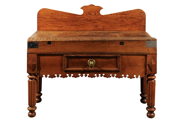 SOLD - French 1820s Butcher Block Table with Single Drawer, Knife Slot and Carved Apron