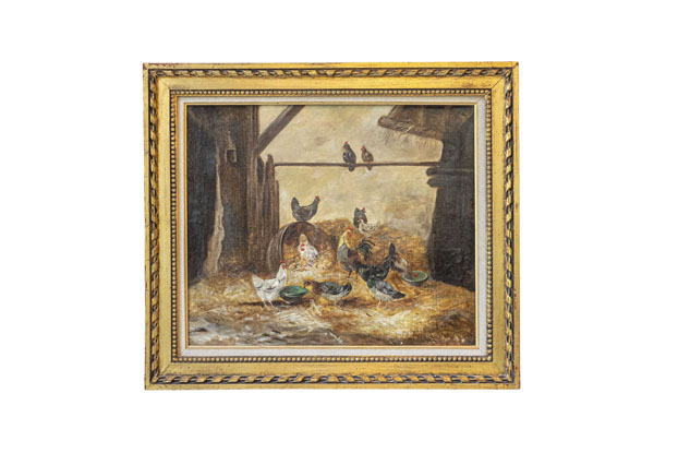 Framed 19th Century Oil on Canvas Barn Painting with Rooster, Hens and Chicks