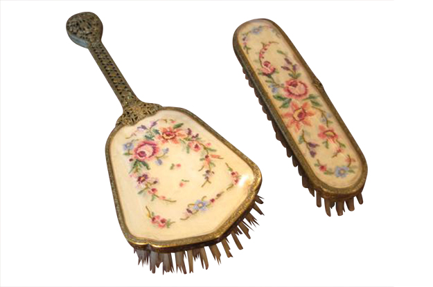 Late 19th Century Needlepoint and Brass Filligree Brush Set
