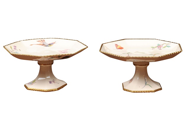 Pair of French 19th Century Porcelain Compotes with Painted Birds and Flowers