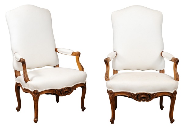 SOLD:  Pair of 19th Century French Louis XV Style Fauteuils with Carved Aprons