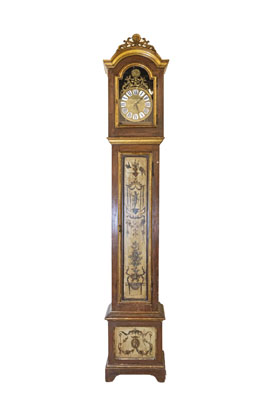 French 19th Century Longcase Painted Clock with Carved Crest and Classical Décor
