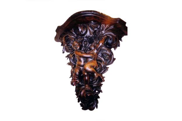French Baroque Style Hand-Carved Walnut Bracket with Putti and Foliage, 1800s  