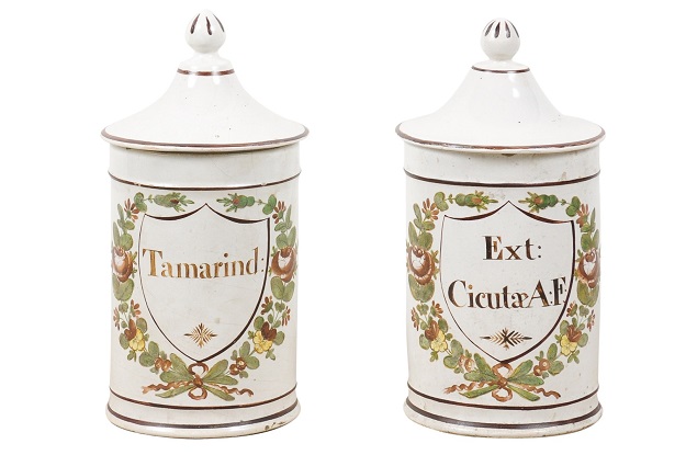 Pair of French Directoire Late 18th Century Lidded Apothecary Jars with Labels
