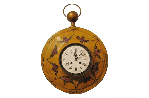 French Shaped Wall Hanging Tôle Clock with Floral Décor, circa 1800