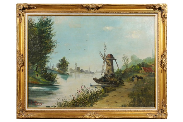 Signed Eugène Petitpas 1902 Oil on Canvas Landscape Painting in Giltwood Frame