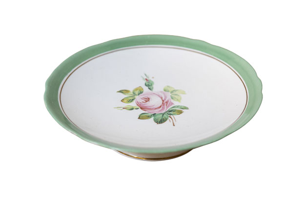 English Victorian 1880s Floral Compote with Pink Roses, Green and Gold Trim