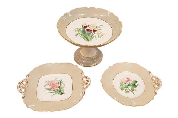 English 19th Century Porcelain Plates and Compote with Floral Décor, Sold Each