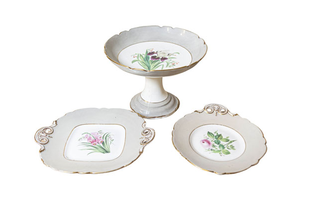 English 19th Century Porcelain Plates and Compote with Floral Décor, Sold Each