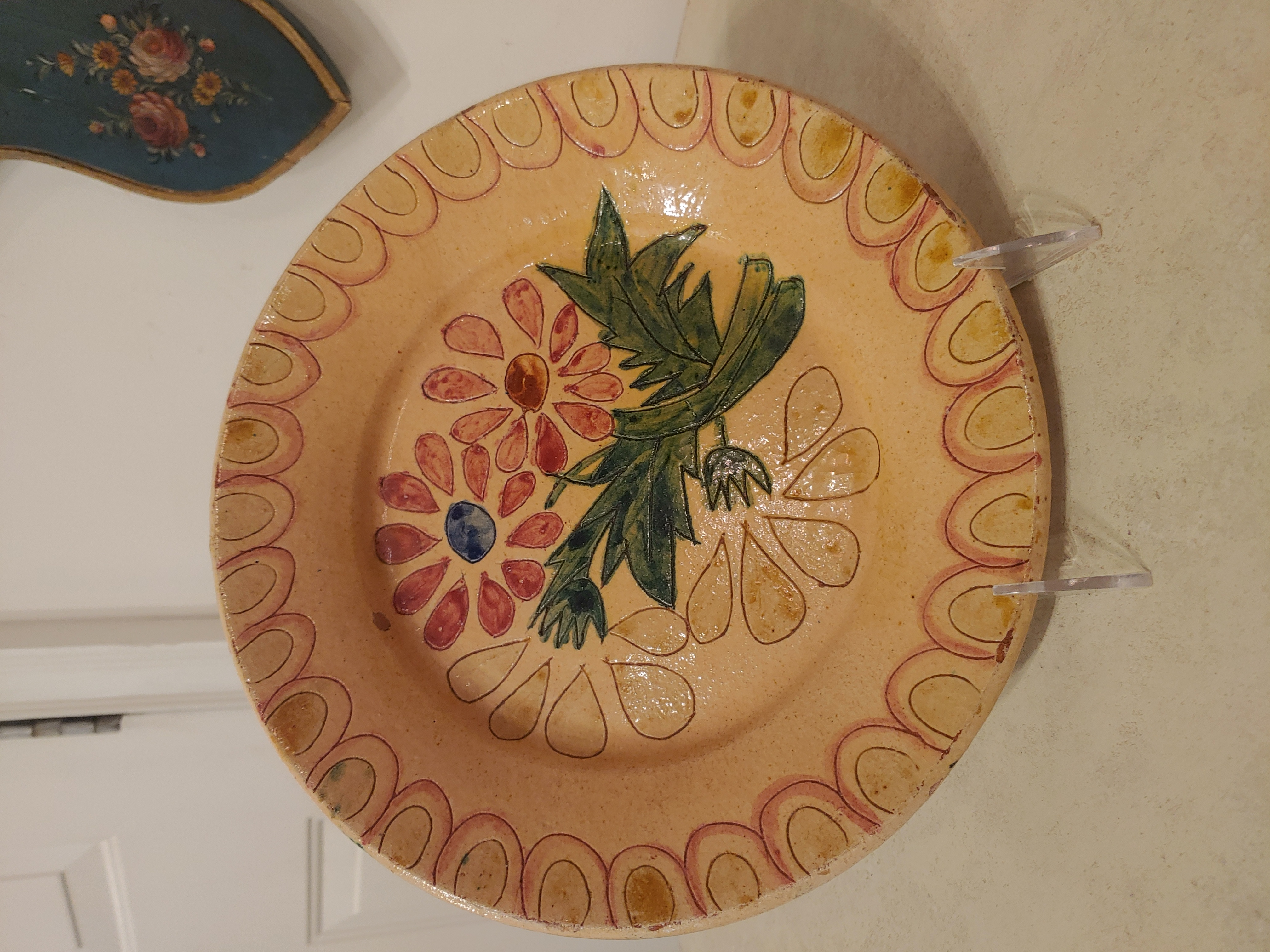 Portuguese Painted Clay Early 20th Century Floral Plate