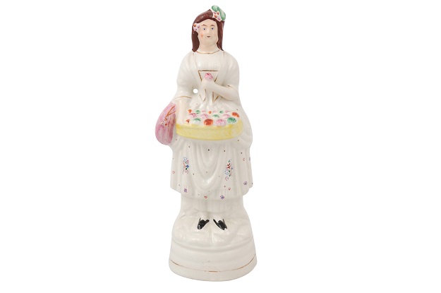 ON HOLD - Petite English Porcelain Decorative Object Depicting a Lady with a Floral Basket