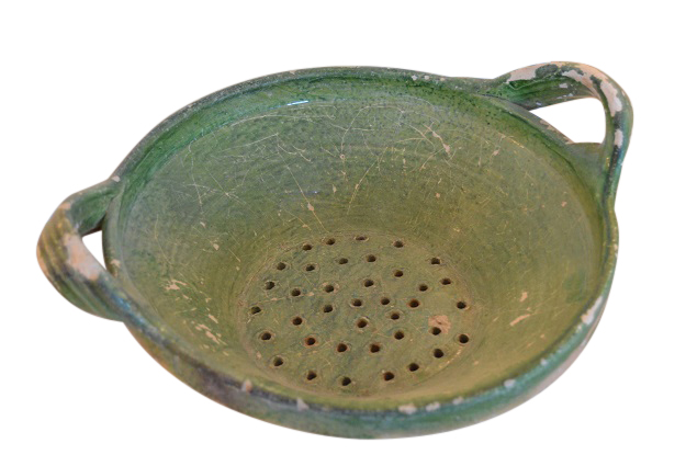 French Provincial 1850s Green Glazed Pottery Strainer with Lateral Handles