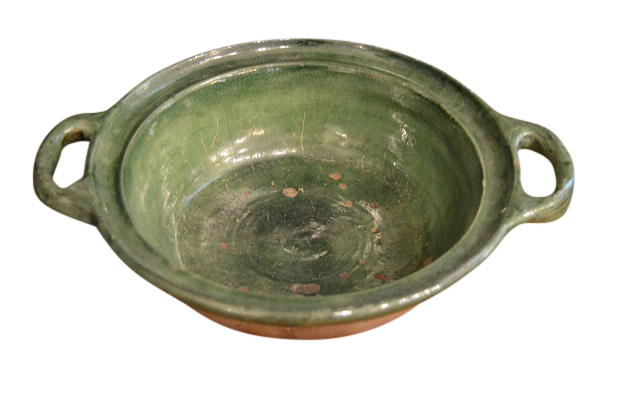 French Provincial 19th Century Green Glazed Pottery Bowl with Lateral Handles