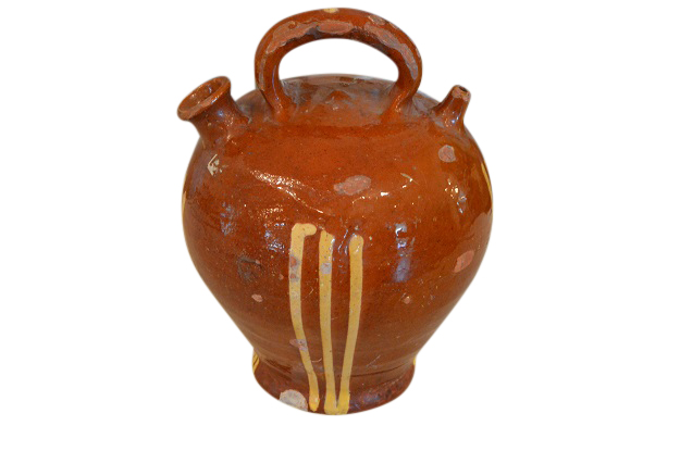 Rustic French 19th Century Pottery Jug with Russet Ground and Yellow Stripes